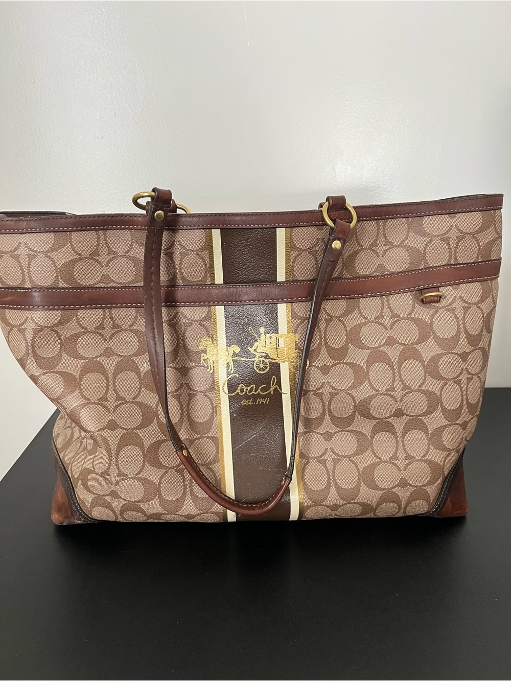 Coach Heritage Brown Trip Signature Stripe Tote with Gold Logo Or Better Offer!